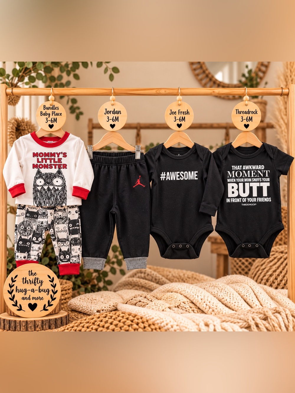 Baby Boy 3–6M Clothing Bundle | Jordan, Joe Fresh, Threadrock + Monster Pajamas